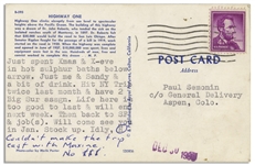 Hunter Thompson Postcard From Big Sur in 1960 -- ''...Just spent Xmas & X-eve in hot sulphur baths...''